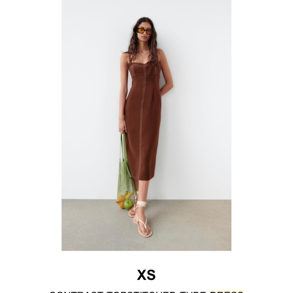 Zara contrast topstitched tube dress brown XS